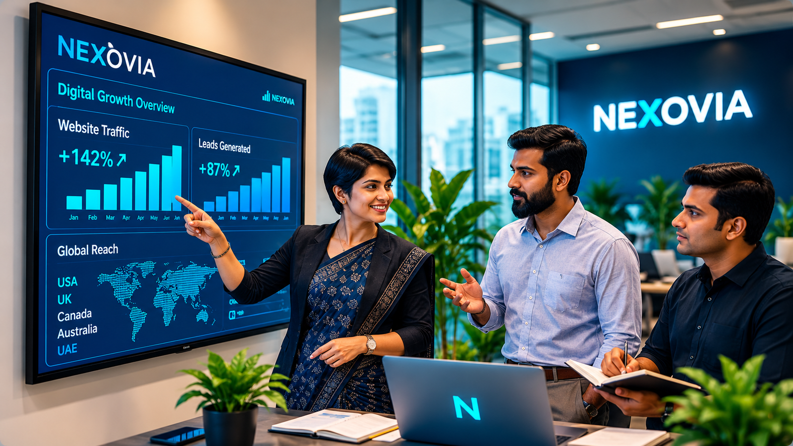 Nexovia team collaborating in a modern office